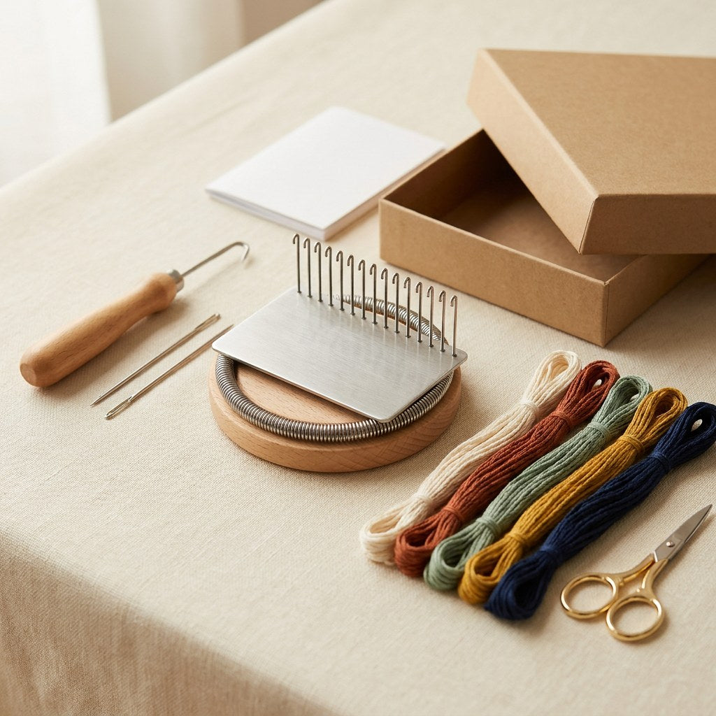 Le kit de reprisage : le métier, le disque en bois, les aiguilles et les fils