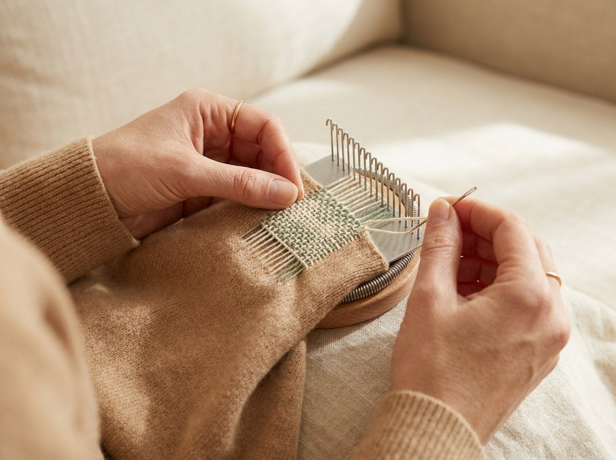 Mains qui tissent un patch sur un pull en laine