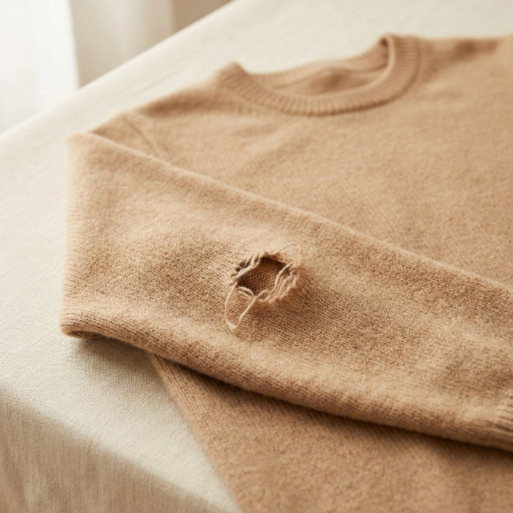 Pull en laine camel avec un petit trou sur la manche, avant réparation